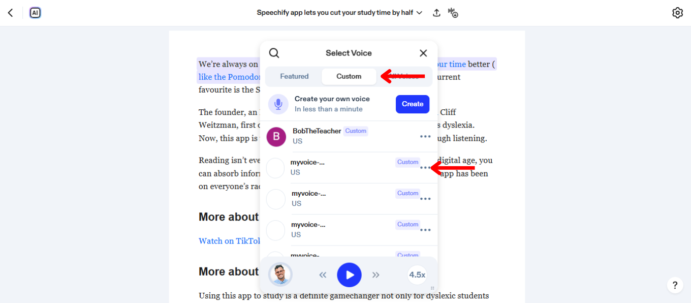 How to use a Custom Voice on the Speechify Web App